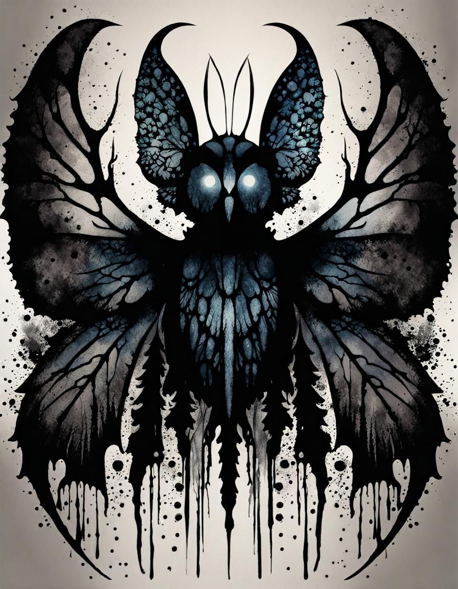 Mothman Cryptid Portrait in Inkblot Double Exposure