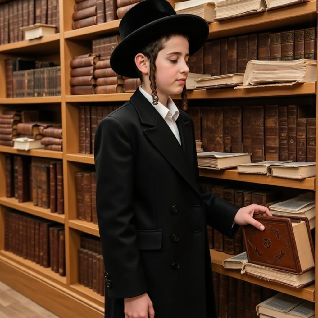 Youthful Hasidic Boy Contemplates Traditional Texts in Beit ...