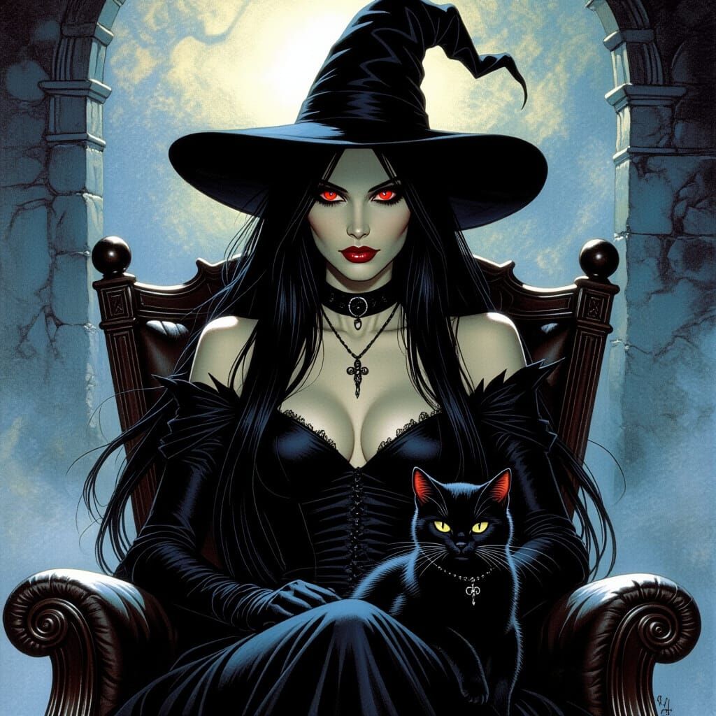 Mysterious Woman with Cat in Dark Fantasy Art