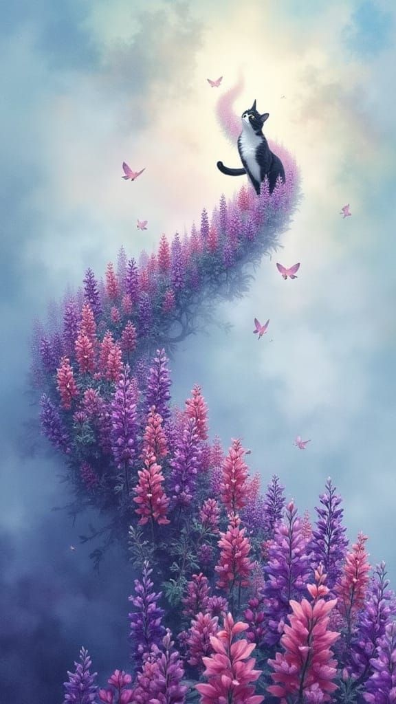 Lupin Flower Staircase with Cat in Watercolor Style