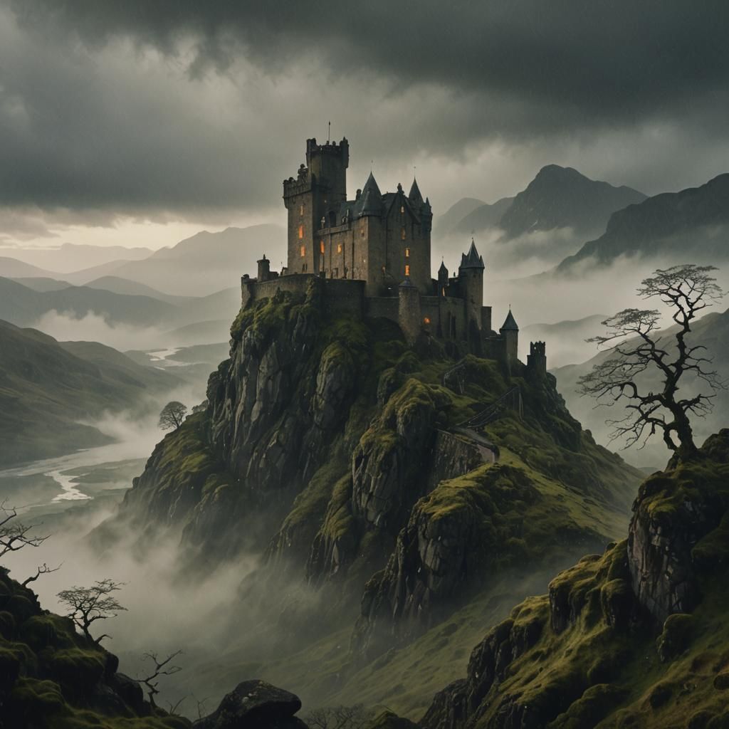Mystical Scottish Castle in Moody Atmospheric Painting