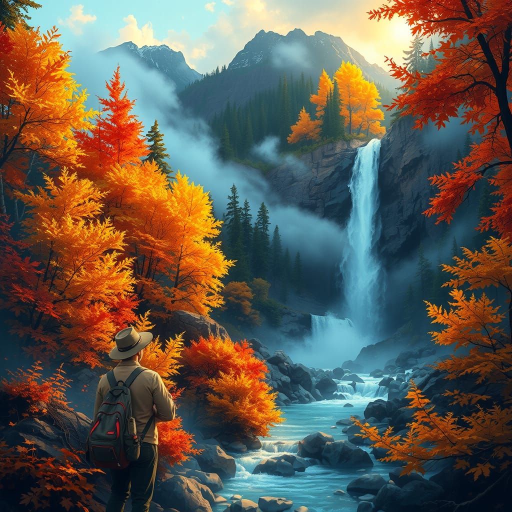 Autumn Traveler by Vibrant Waterfall in Hyperrealistic Style