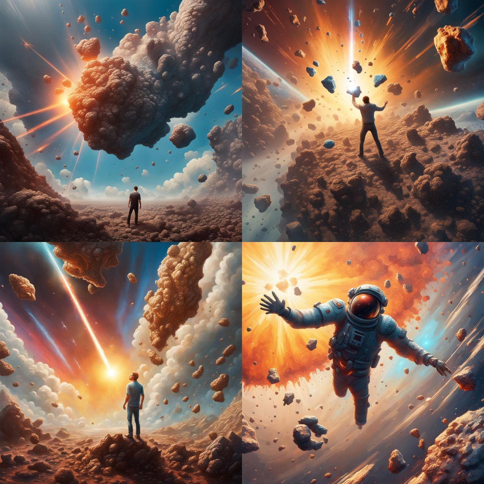 Rapture: Man Ascends as Asteroids Fall, Hyperrealistic Art