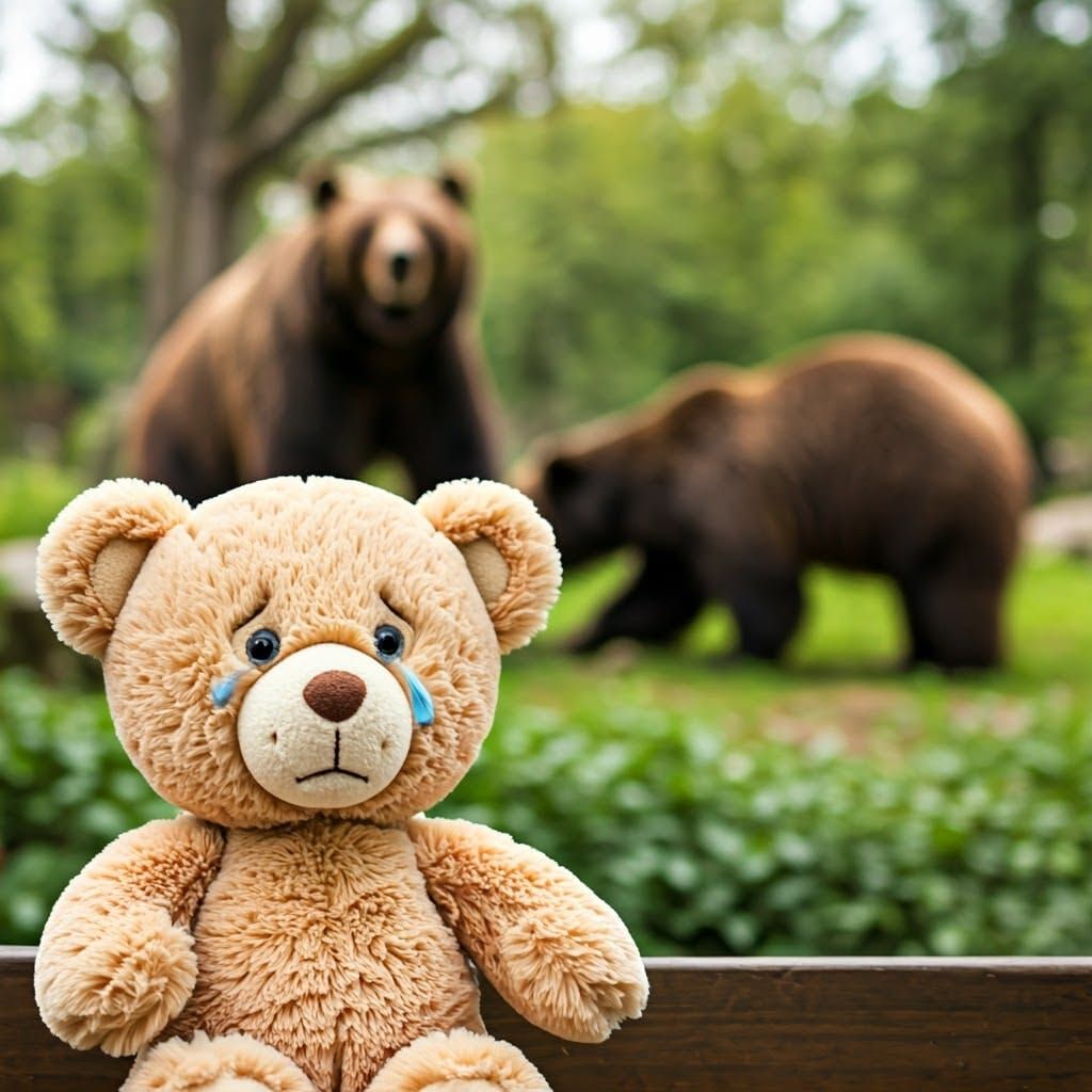 Sad Teddy Bear Cries at Zoo Exhibit