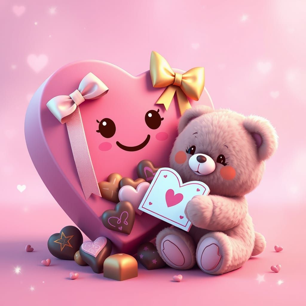 Whimsical Valentine's Day Card in Kawaii Style