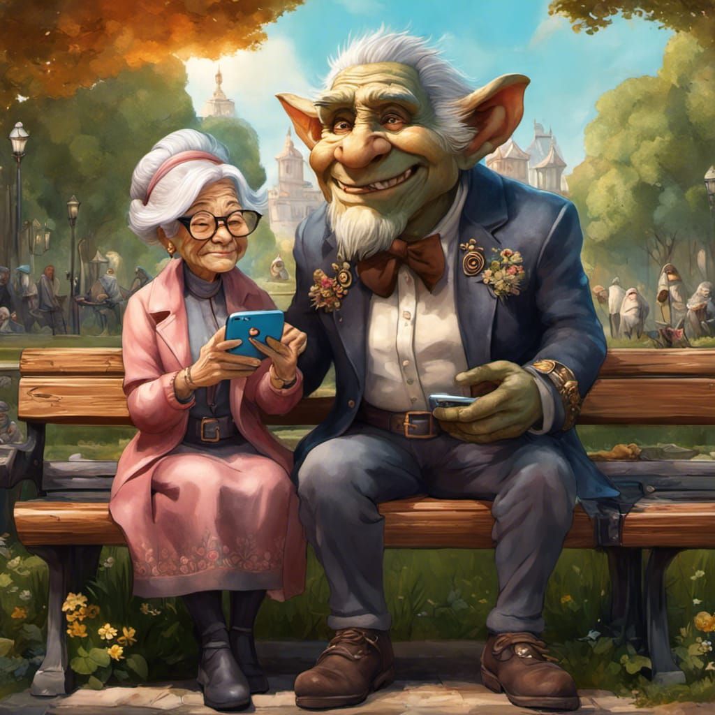 Charming Selfie: Old Woman and Troll in Park
