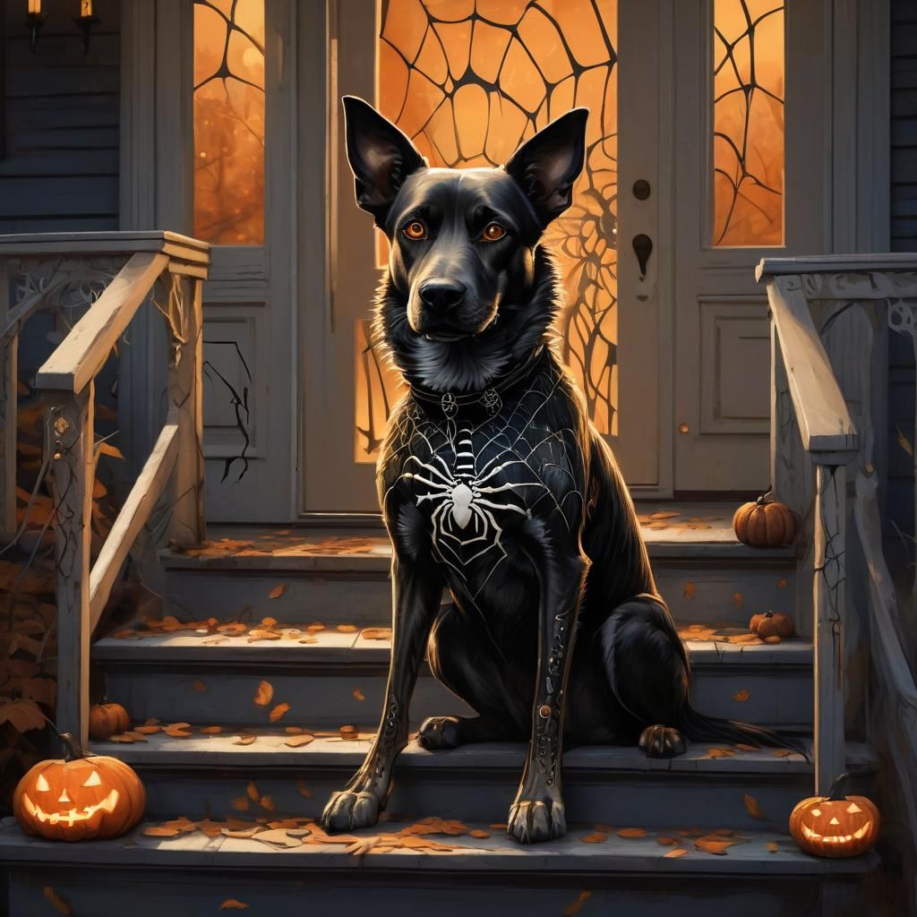 Dog in Whimsical Gothic Autumn Scene