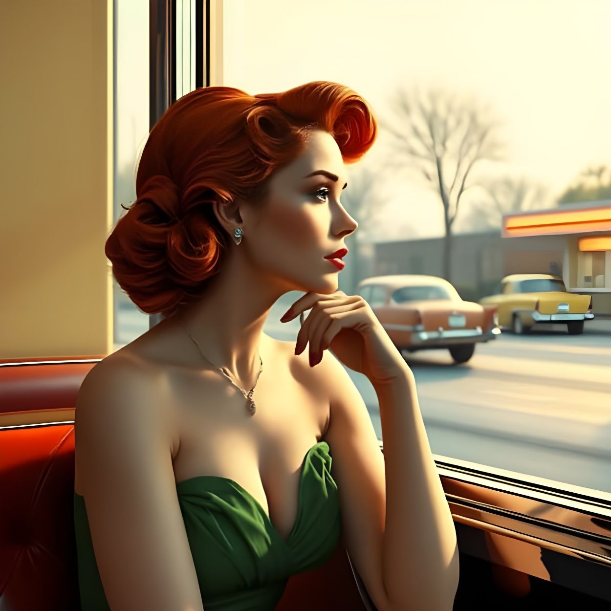 1950s Diner Scene with Redhead in Green Dress