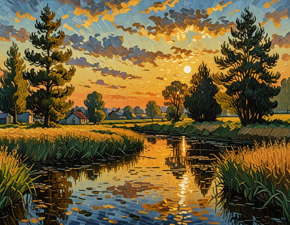 Ditch With Reed Bank at Sunset