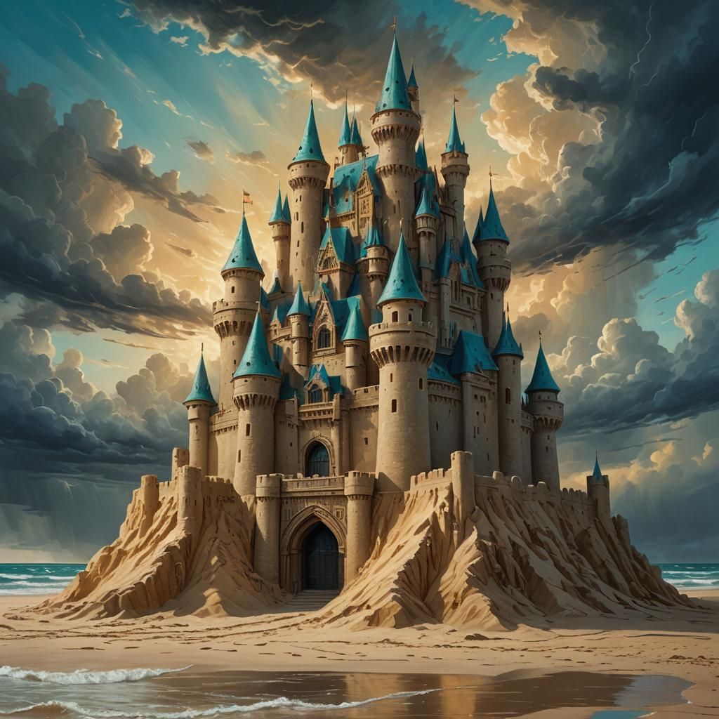Majestic Sandcastle on Stormy Beach, Fantasy Concept Art