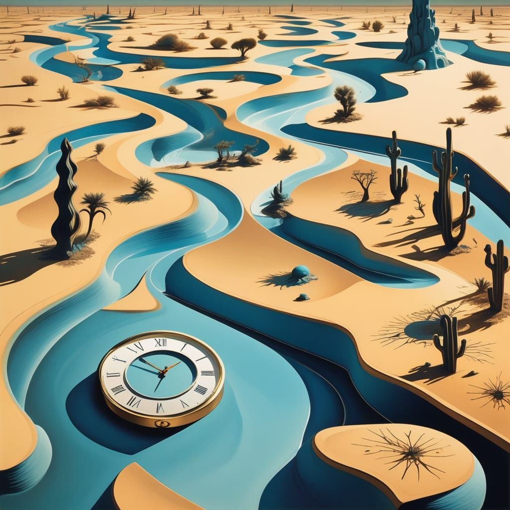 Surreal Desert Landscape with Melting Clocks and Warped Pers...