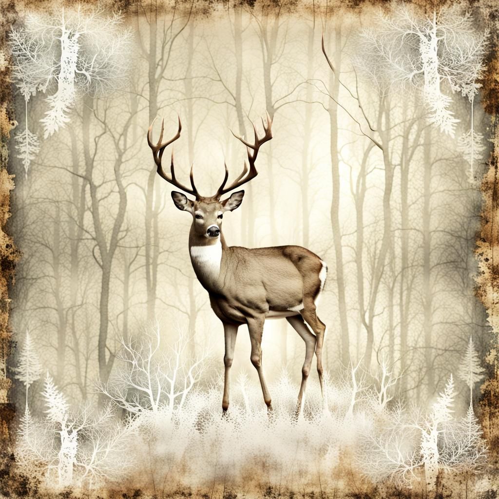 Deer in White Forest on Lace Paper