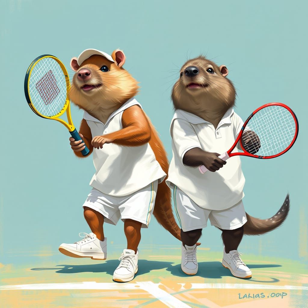 Wombat and Muskrat Play Tennis: Digital Painting