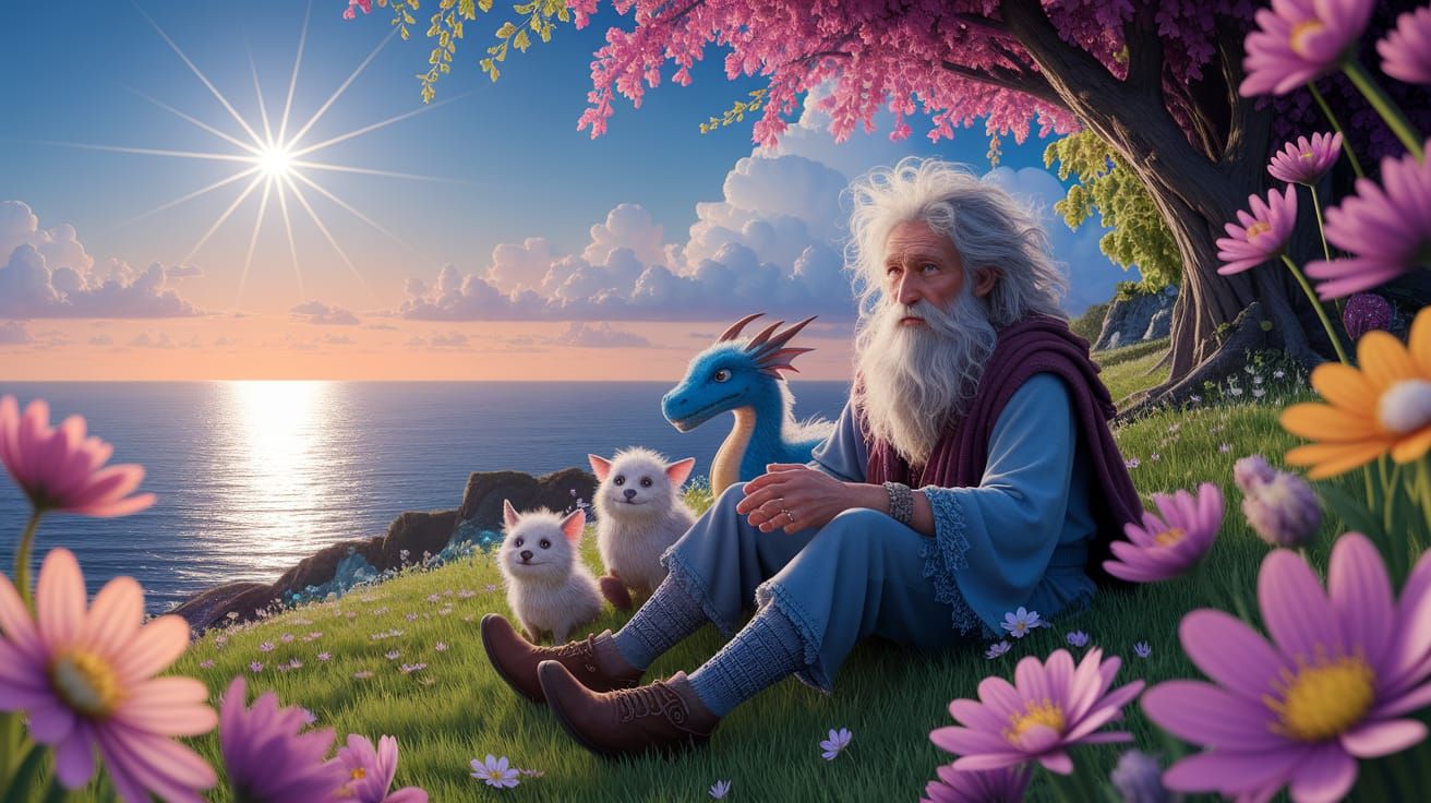 Cozy Whimsical Scene of Gypsy Wizard and Loyal Dragon