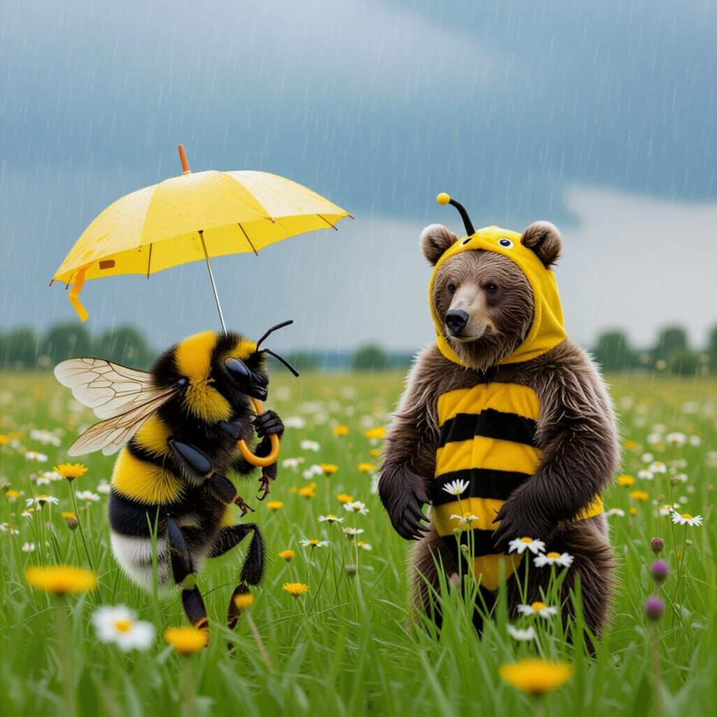 Macro Bumblebee and Bear in Rainy Field