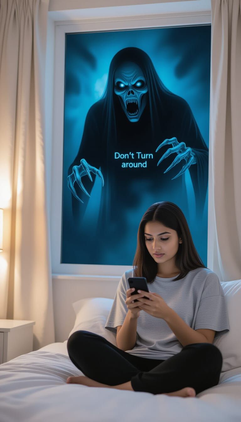 Woman on Phone Sees Ghost in Chilling Horror Scene