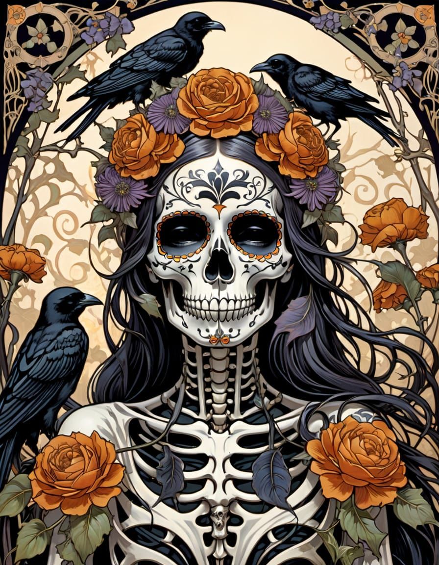 Art Nouveau Skeleton with Crows and Dead Flowers