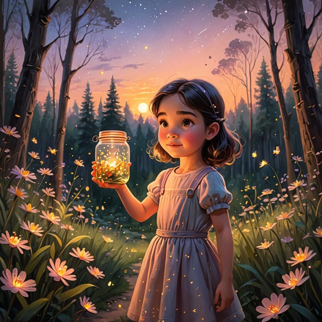 Girl with Fireflies in Enchanted Disney Forest