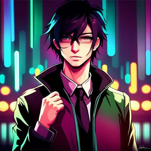 Cyberpunk Man in Rainy Cafe: Digital Art