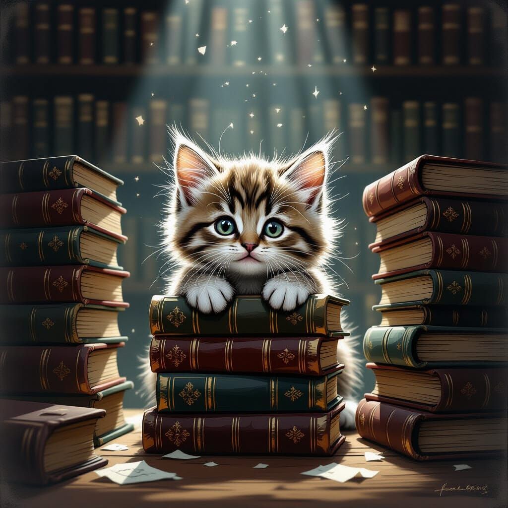 Fluffy Kitten Peeking From Ancient Books in Cozy Library