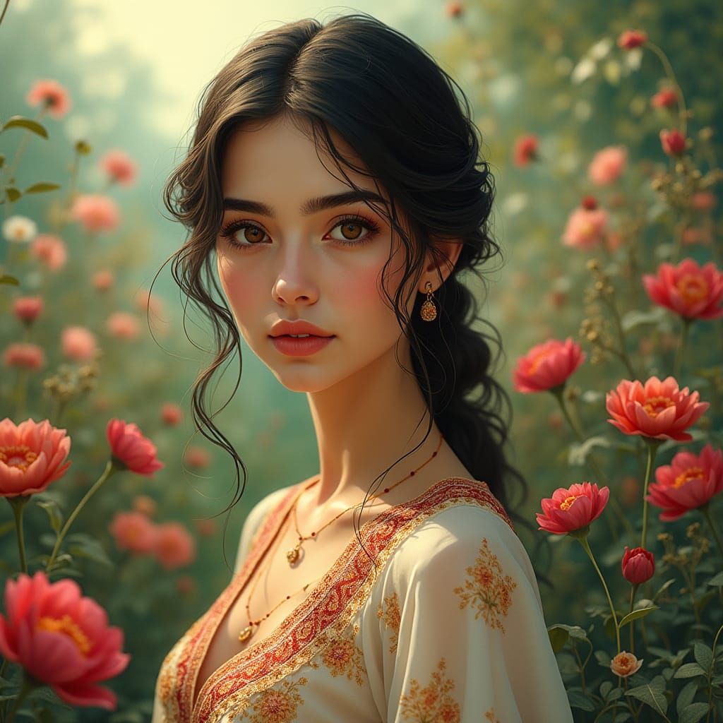 Ethereal Iranian Beauty in Whimsical Garden Scene