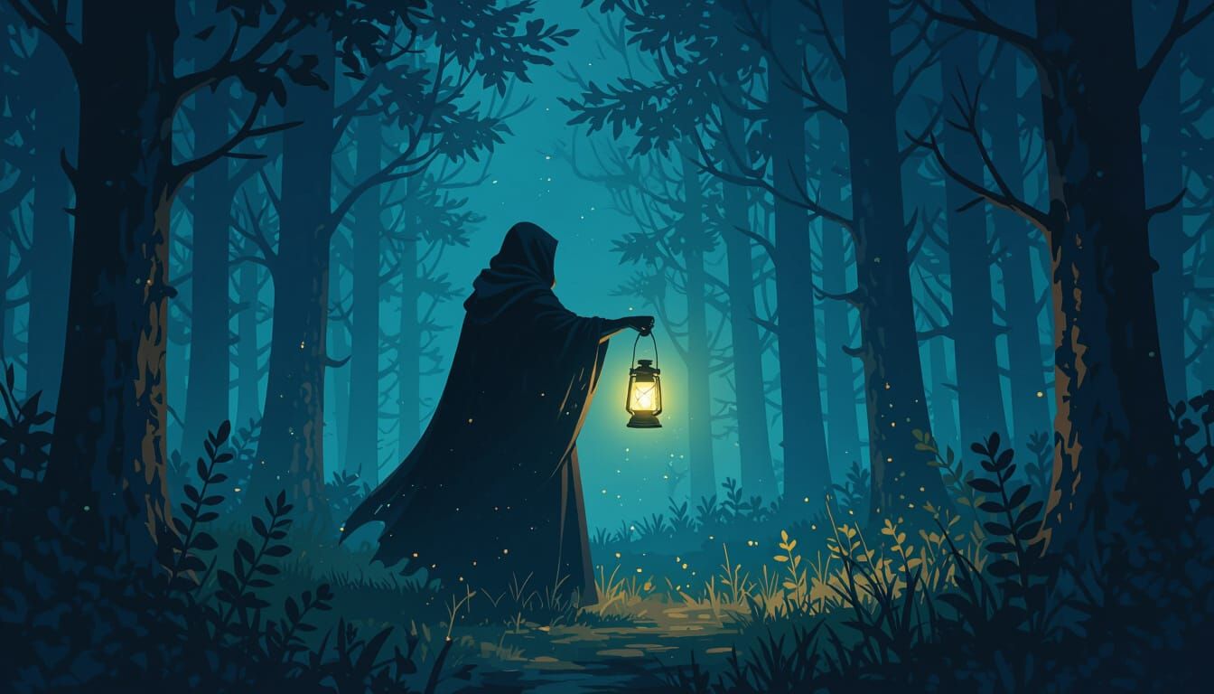 Glowing Figure in Dark Forest: Fantasy Concept Art