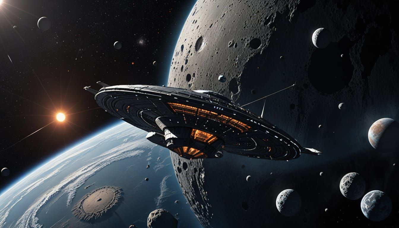 Futuristic Solar Sail Spacecraft Navigating Asteroids