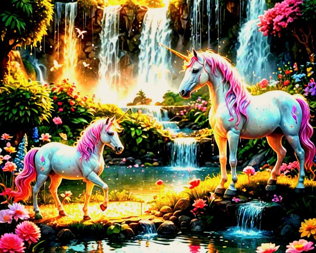Unicorns in Magical Garden with Waterfall: Candy Art