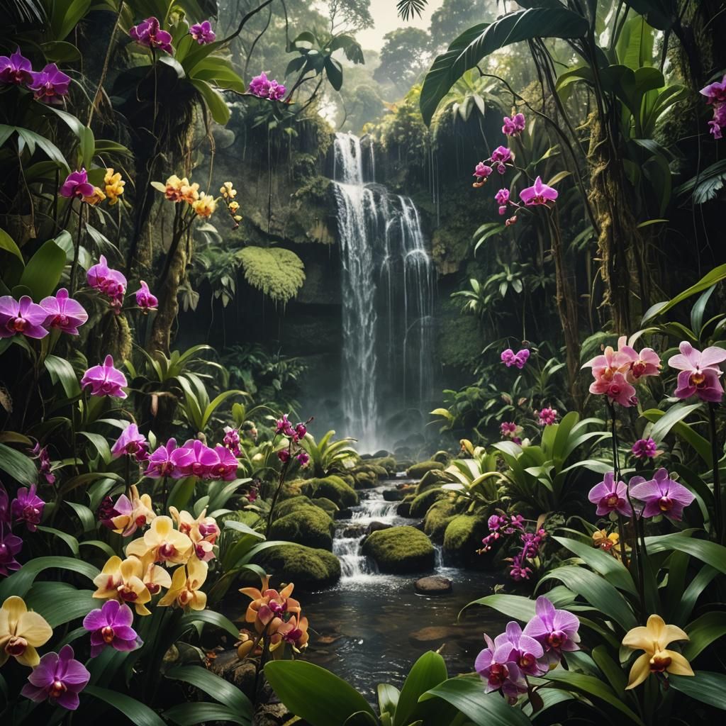 Lush Jungle Scene with Colorful Orchids and Waterfall