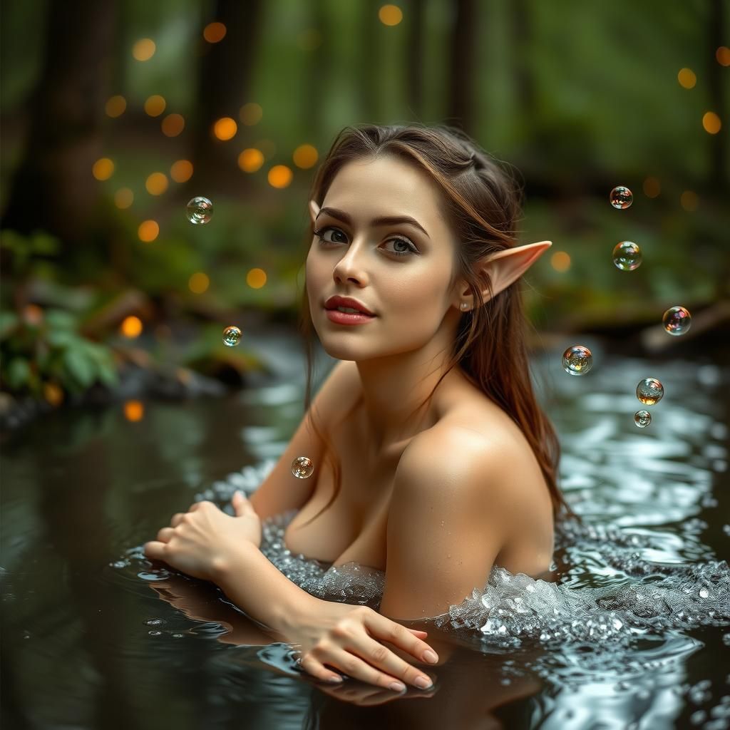 Elven Woman's Forest Bath in Firefly Light