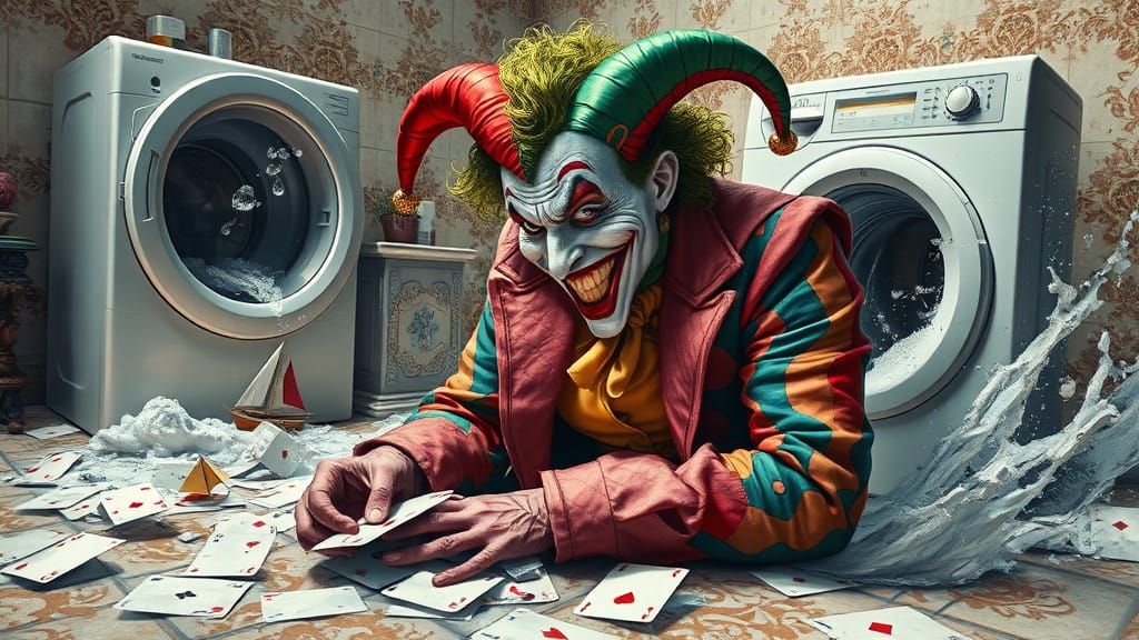 Manic Joker Erupts from Shattered Cards in Vibrant Gotham Sc...