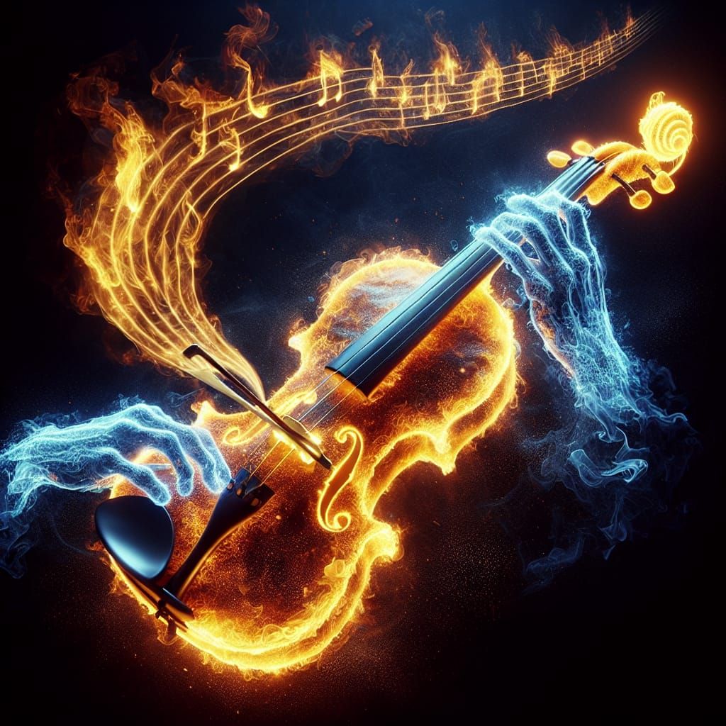 Flaming Violin with Fiery Musical Notes