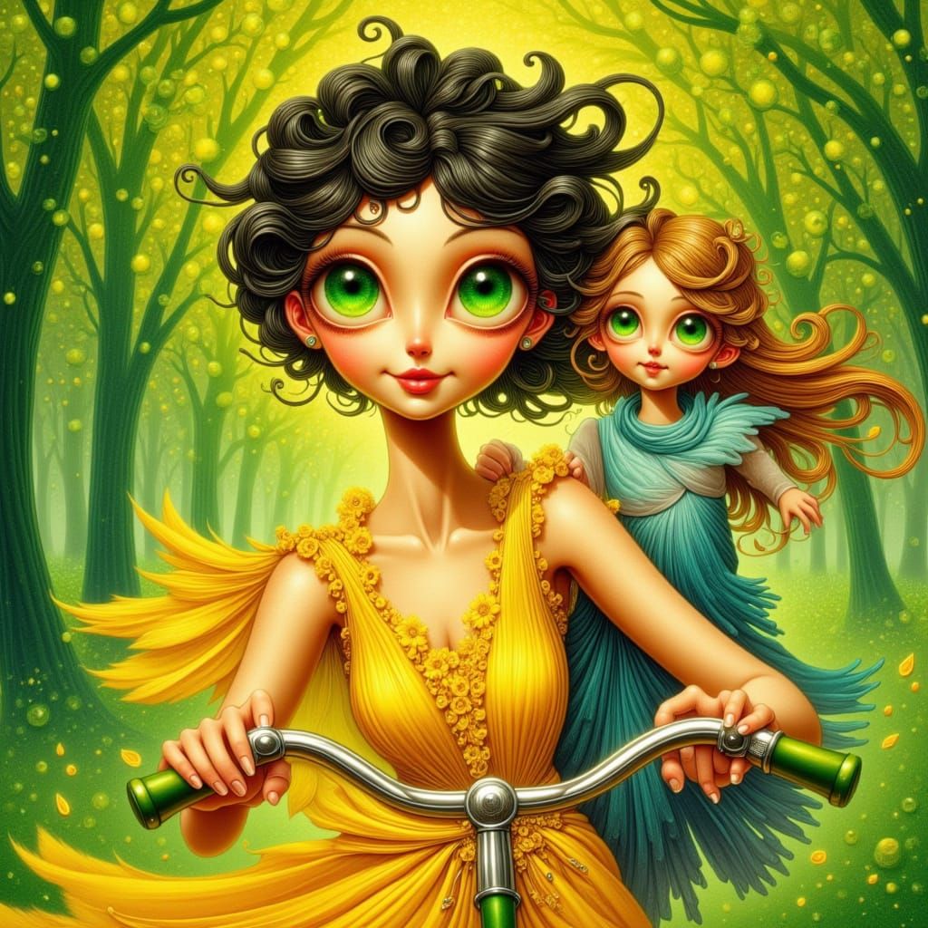 Woman and Girl Cycle Through Park in Expressive Impasto Styl...