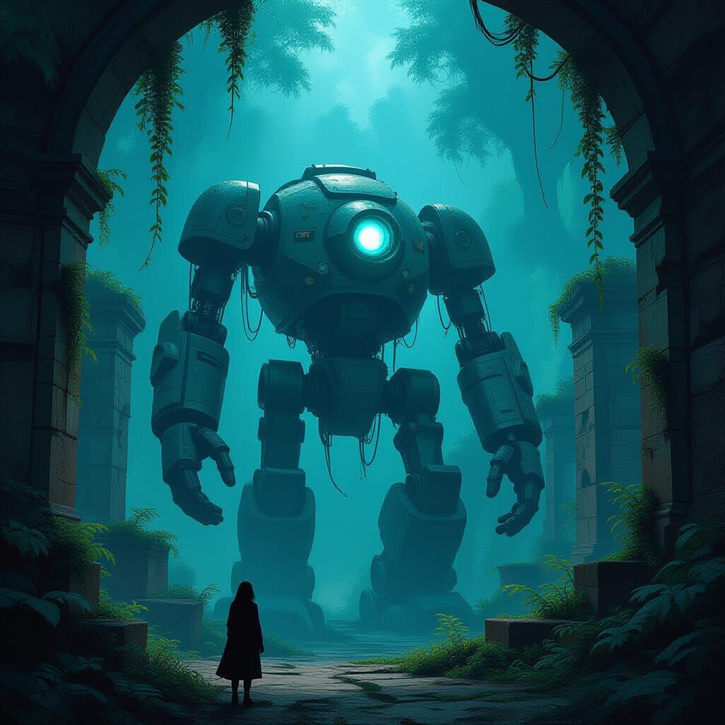 Ancient Automaton Awakens in Bioluminescent Jungle Ruins