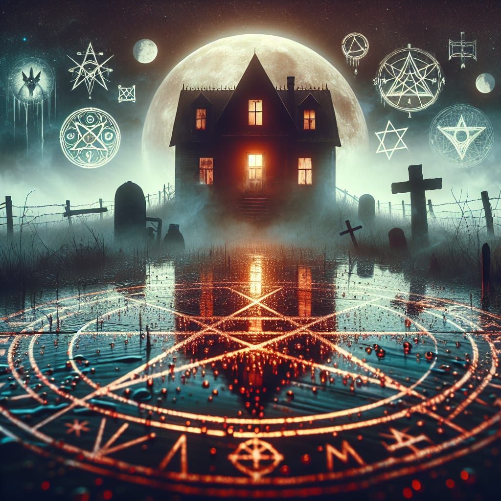Eerie Double Exposure: Pentagram and Dilapidated House