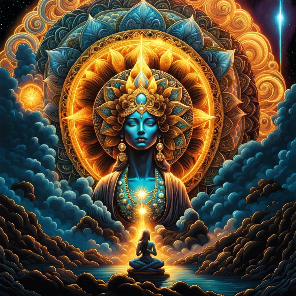 Golden Angel with Psychedelic Mandala Background