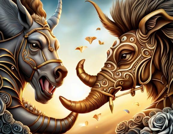 Chibi Elephant and Donkey Fight in Rococo Style