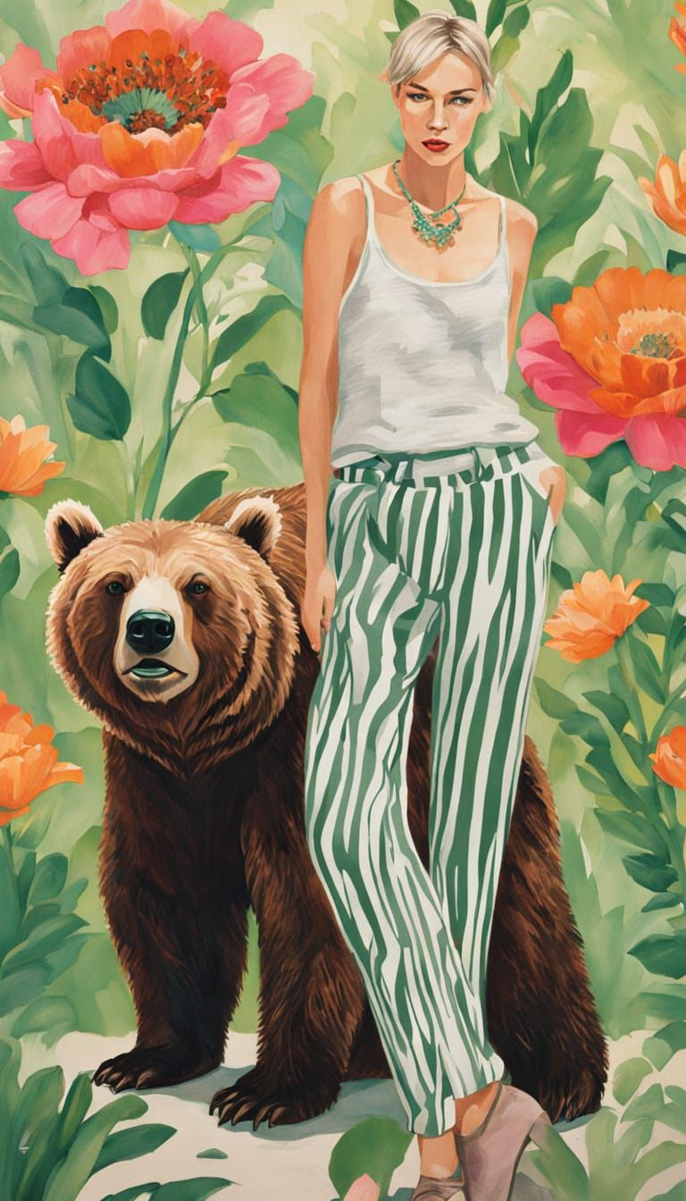 Woman and Grizzly Bear in Painterly Style