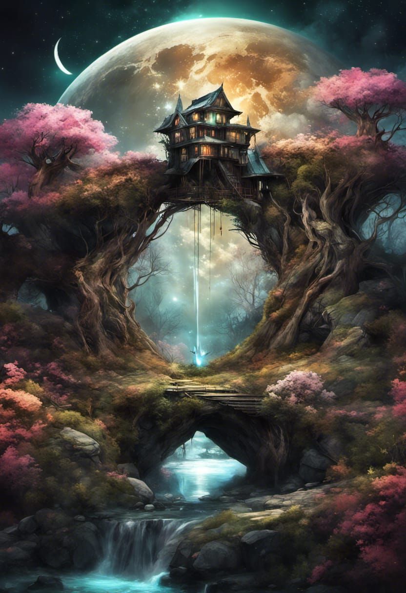 Fantasy Treehouses in Flowering Yggdrasil, Colorful Realism