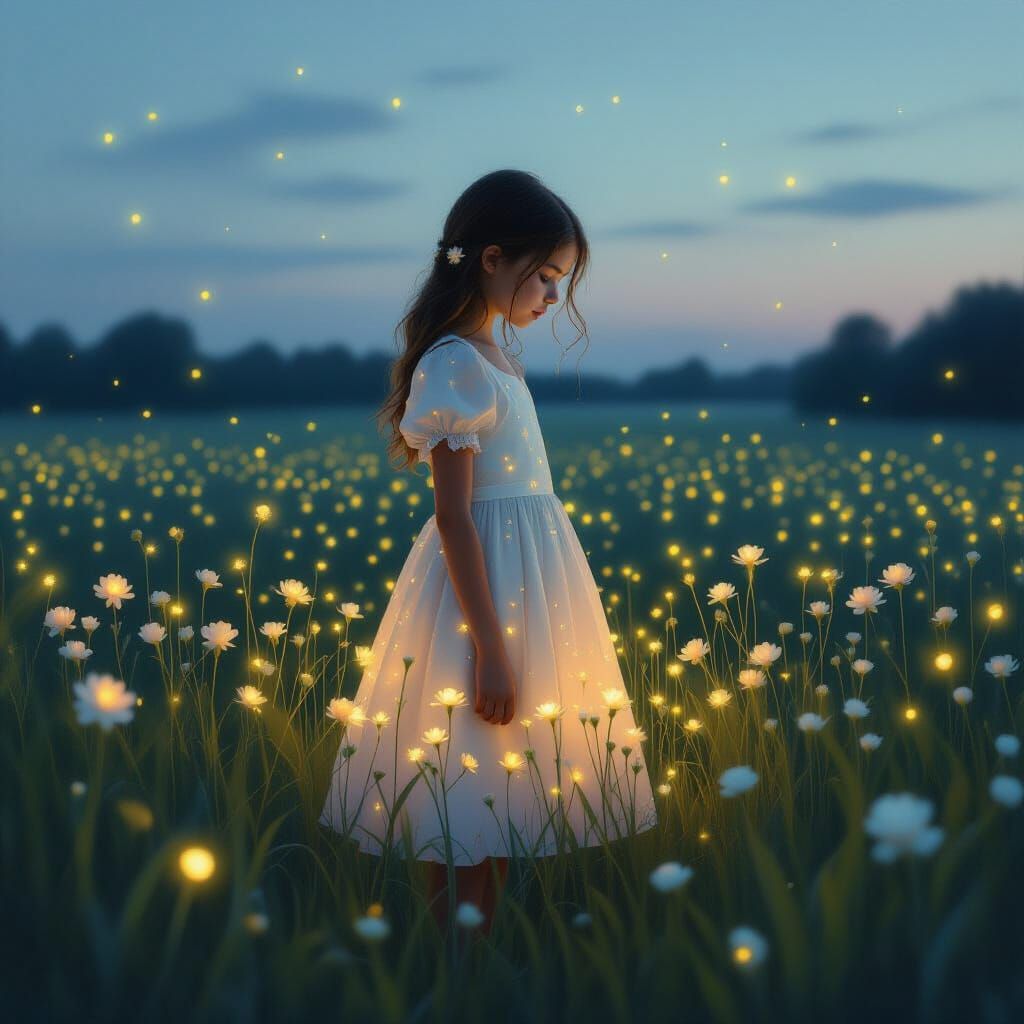 Teenage Girl in Firefly Field at Twilight