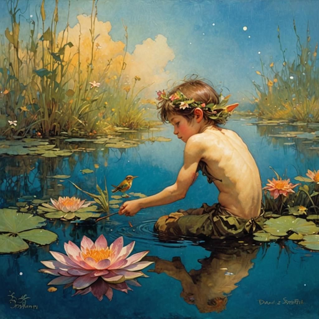Flower Elf Mirrored in Pond: Fantasy Art