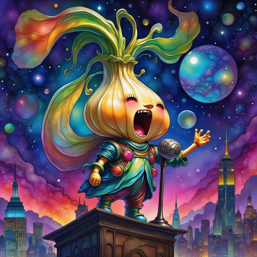 Garlic Bulb Singer on Skyscraper, Miyazaki-Inspired