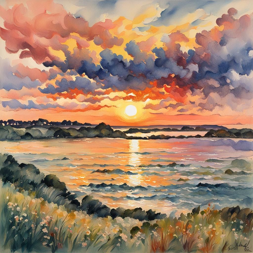 Brittany Coast Sunset in Gouache Impressionist Style