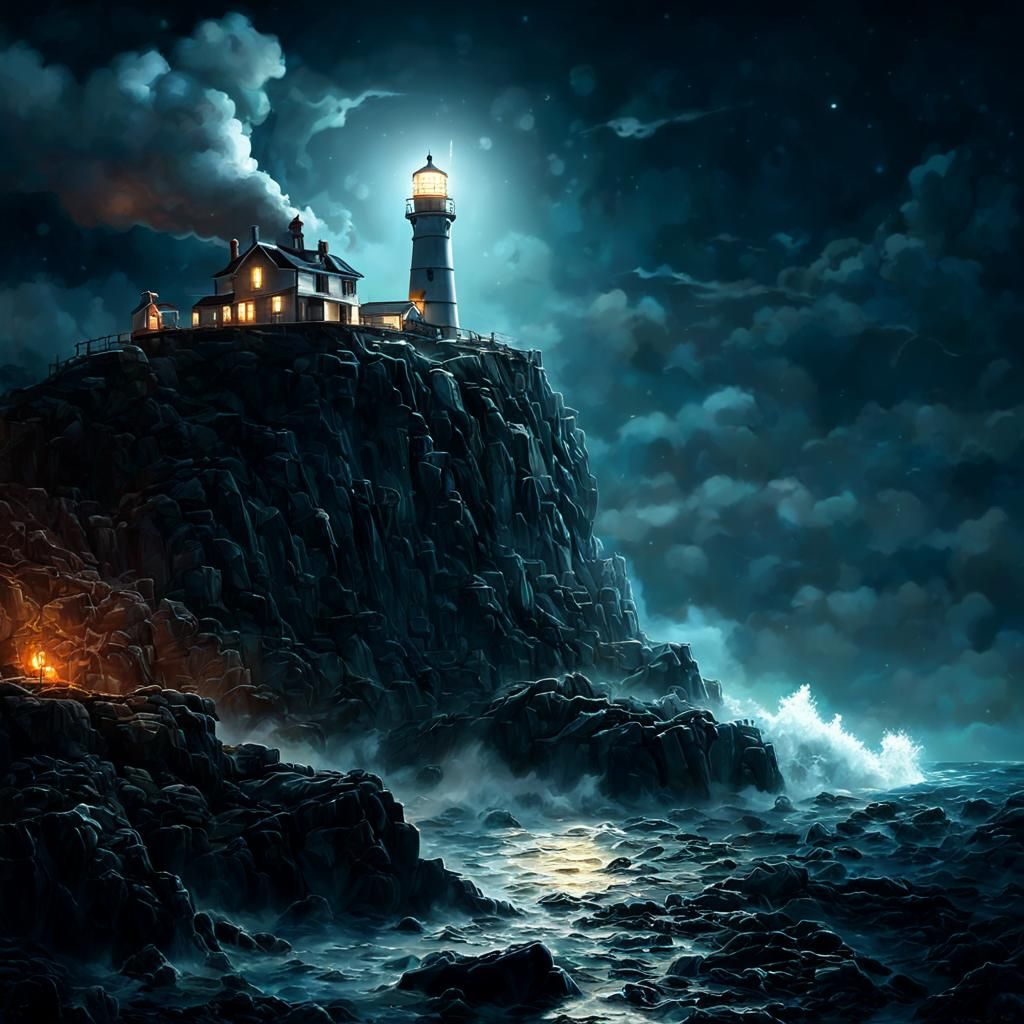 Hyperrealistic Lighthouse Shines on Foggy Ocean