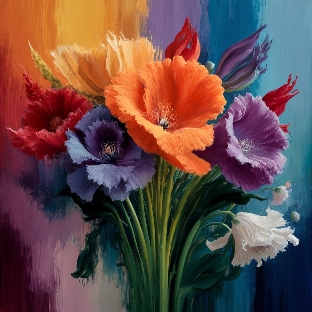 a vibrant, expressive bouquet of flowers in full bloom, with...