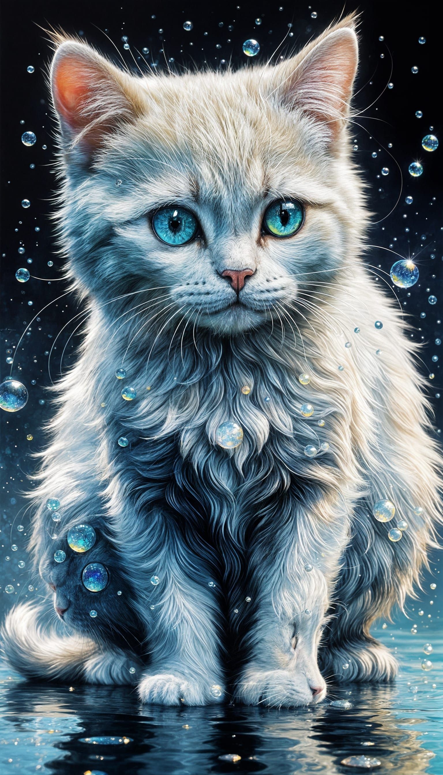 Digital Pixel Artwork of a Kitty with Pearlescent Water Drop...