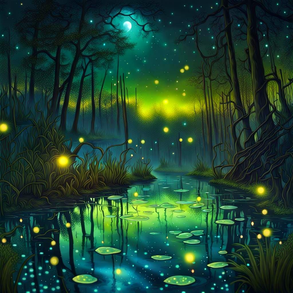 Swamp at Night with Fireflies, Astral Illustration