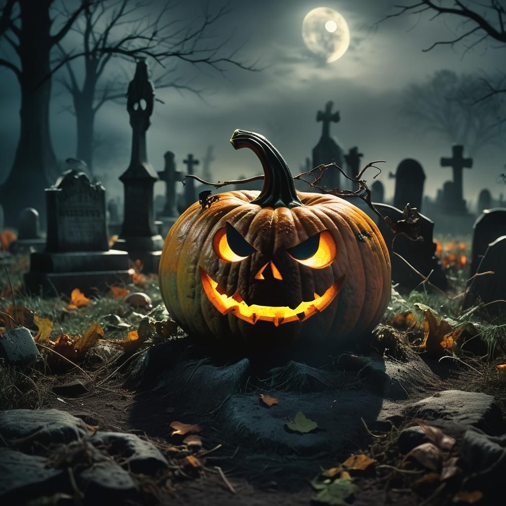 Haunted Pumpkin in Cemetery: Cinematic Still