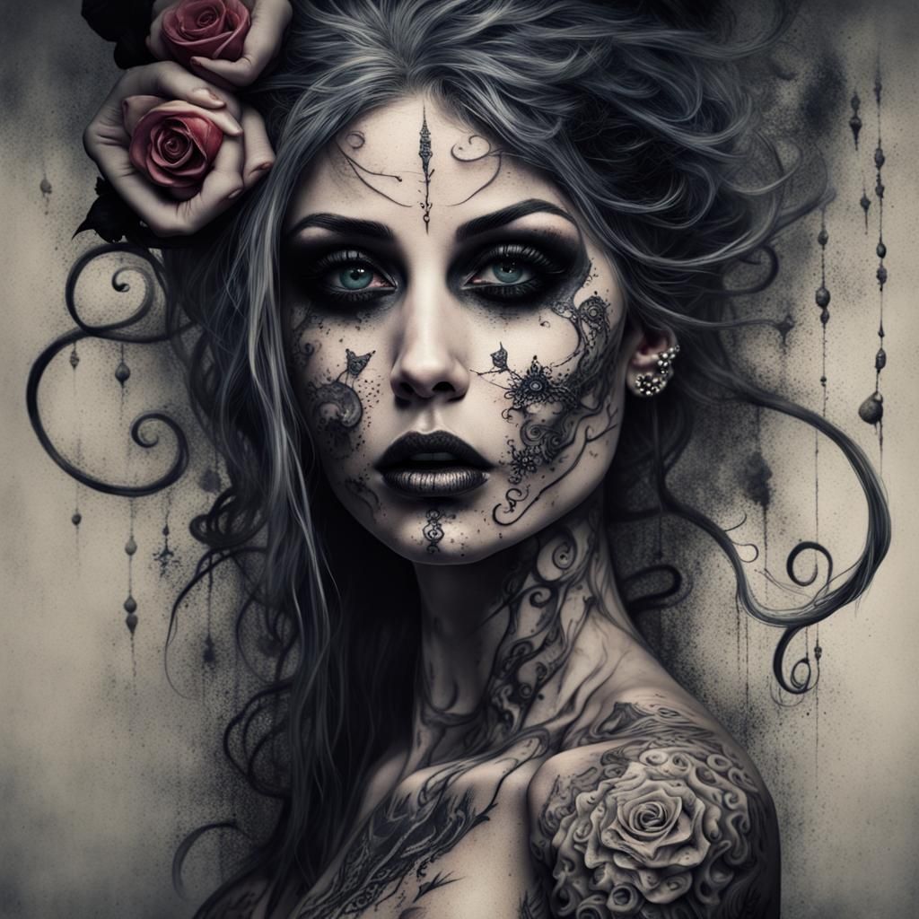 Tattooed Woman in Surreal Street Art Style