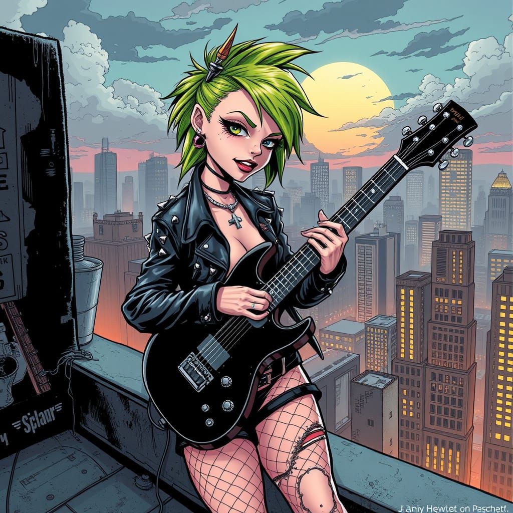 Punk Pixie Shreds Guitar in Comic Book Style